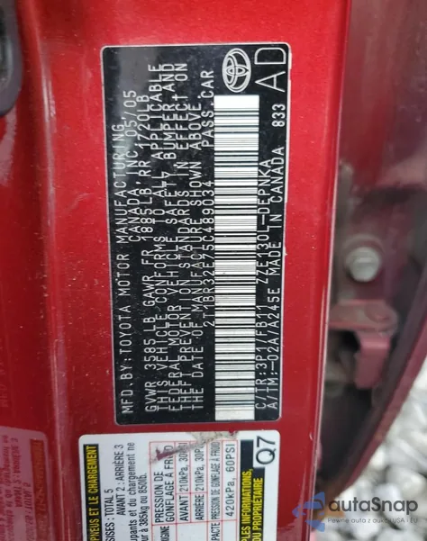 2005 Toyota Corolla Ce from USA, damaged, VIN 2T1BR32E75C489034